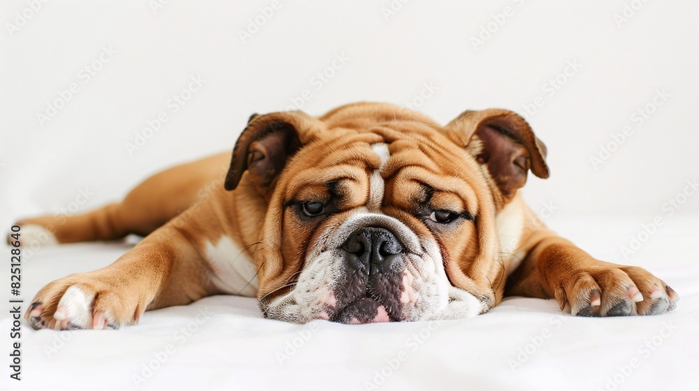 Affectionate English bulldog lying on its belly on a white background