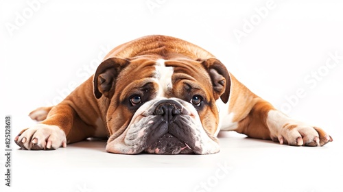 Affectionate English bulldog lying on its belly on a white background photo