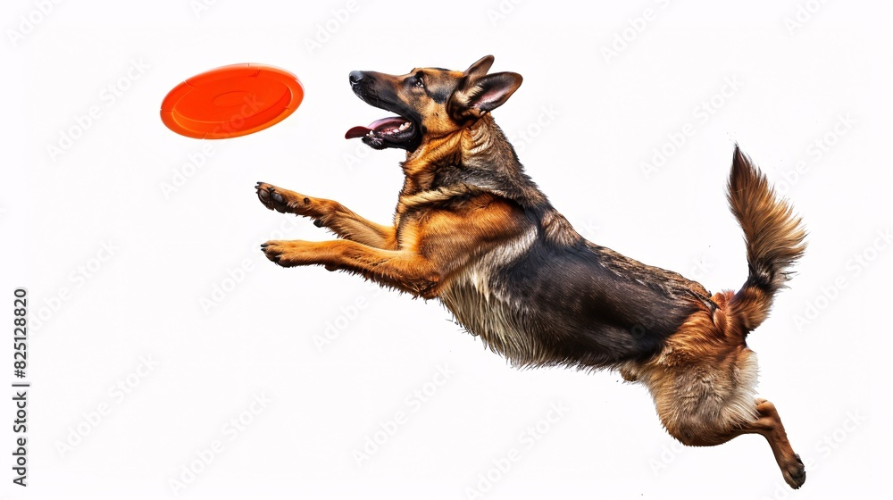 Fototapeta premium Energetic German shepherd catching a frisbee in mid-air on a white background