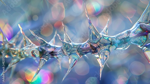 a close up of a spike of spikes with transparent color, in the style of vray tracing, molecular, twisted branches, holography, zbrush, foampunk,  photo