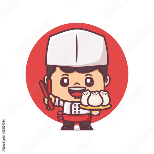 cute chef cartoon with steamed buns dim sum, vector illustration for culinary industry