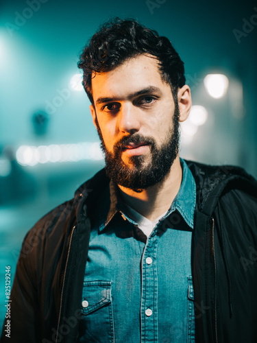 Man Standing On Foggy Street At Night With Streetlights Illuminating