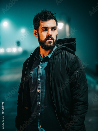 Man Standing On Foggy Street At Night With Streetlights Illuminating