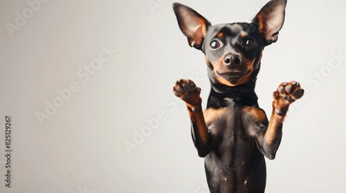 Playful miniature pinscher standing on its hind legs on a white background photo