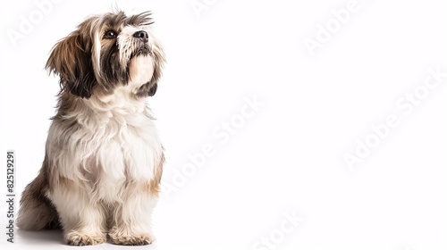 Cute lhasa apso sitting and looking up on a white background photo