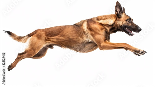 Energetic Belgian malinois jumping in the air on a white background