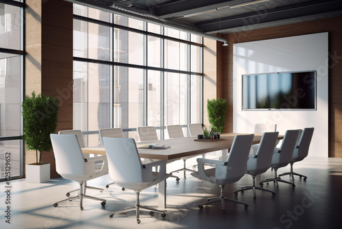 A snapshot displaying the simplicity and sophistication of a modern meeting area  its key feature a blank white frame allowing versatile presentations.