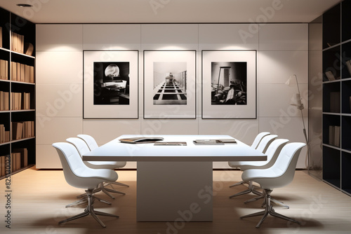 A snapshot showcasing the simplicity and elegance of a modern meeting area, its focal point a blank white frame allowing for versatile displays. © NUSRAT ART