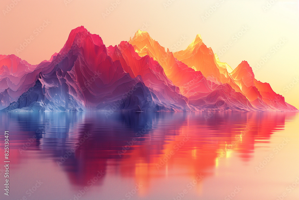 Obraz premium 3D illustration of sunrise over the mountains, with layers of orange pink and purple on the peak, with reflection in water