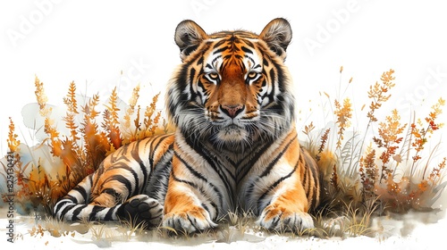 Watercolor illustration clipart of a regal tiger resting in the grass, isolate on white background