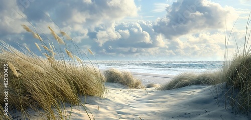 A windswept beach with tall dune grass fluttering in the breeze, the distant sound of waves crashing, under a vast sky filled with scudding clouds. photo