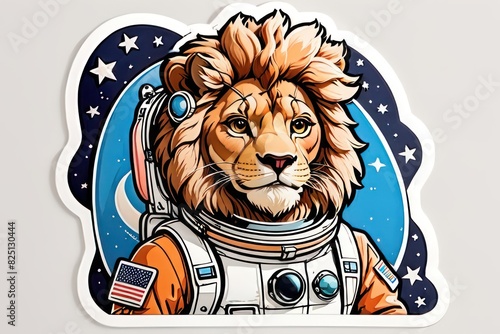 Delightful sticker-style design showcasing lion in astronaut attire with the American flag emblem, making eye contact with the viewer. photo