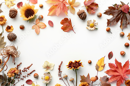 autumn composition made of dry leaves, acorns and berries on a white background. Fall still life, seasonal decor arrangement, harvest festival display, natural border frame with copy space