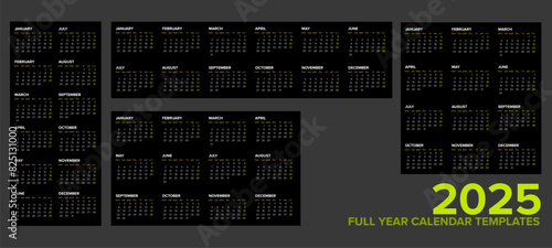Four different dark layouts of full 2025 calendar templates