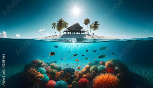 a tropical island with a hut  palm trees  and a clear blue sky. The image is split to show an underwater view with colorful fish swimming among coral reefs. 