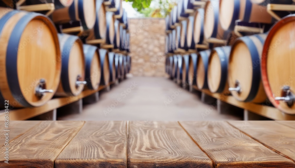 Empty dark wood table top for product presentation on blurred basement wine barrels cellar background