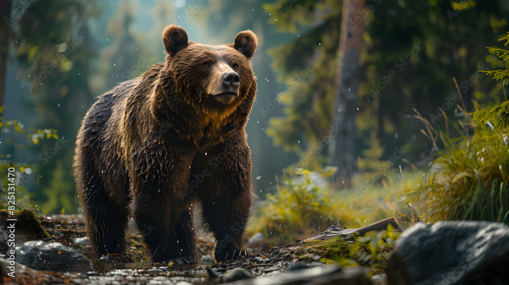 Photo realistic concept of a bear in a shrinking forest environment, highlighting the impact of high carbon emissions and deforestation on wildlife High resolution image with a g Photo realistic concept of a bear in a shrinking forest environment, highlighting the impact of high carbon emissions and deforestation on wildlife High resolution image with a g