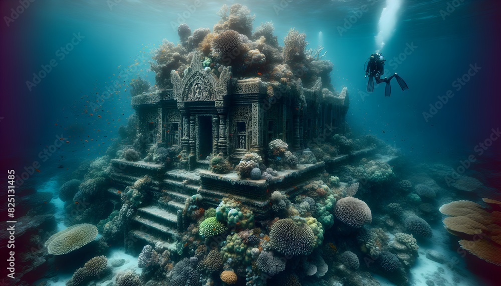 Fototapeta premium A photo of a diver uncovering a partially submerged ancient city structure