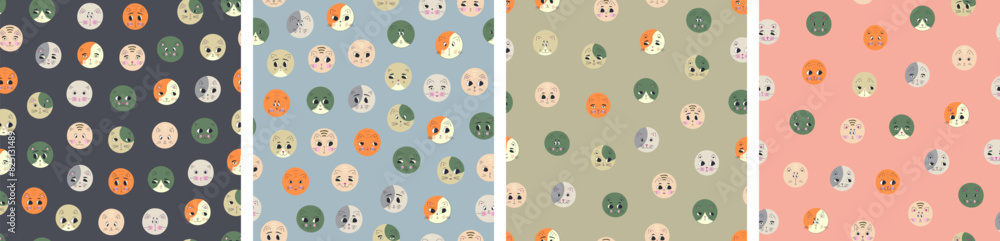 Four creative patterns pack, black eyes cats. Nultipurpose use, round cat face, repeating surface design. Four creative patterns pack, black eyes cats. Nultipurpose use, round cat face, repeating surface design.