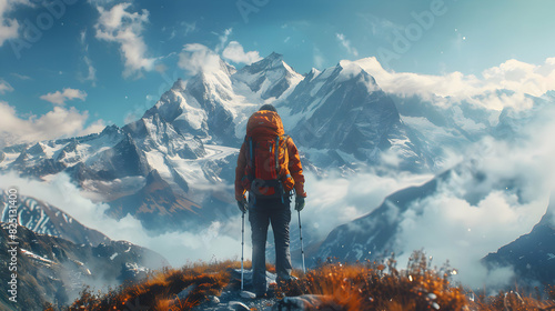 Photo realistic: Backpacker against scenic mountain backdrop   High resolution image capturing the adventure of backpacking in the mountains photo