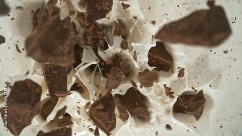 Tasty chocolate chunks falling into cream, top down view
