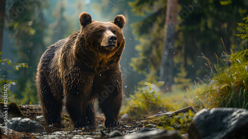 Photo realistic concept of a bear in a shrinking forest environment, highlighting the impact of high carbon emissions and deforestation on wildlife High resolution image with a g