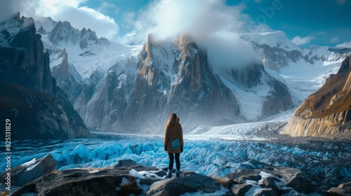 A girl standing at the entrance of the majestic Big Four Ice Caves, gazing in awe at the towering ice formations glistening in the sunlight.  photo