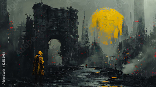 edgy printable graffiti masterpiece of a dystopian cityscape perfect for enhancing the walls of a cyberpunkthemed escape room immersing players in a postapocalyptic adventure photo