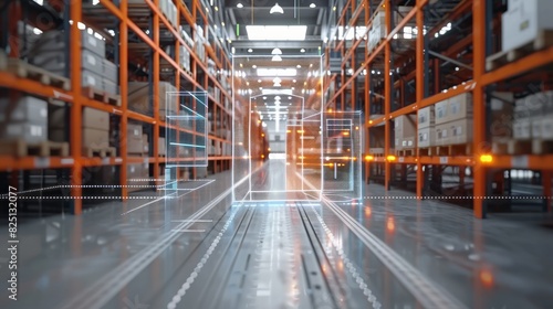 Augmented reality interface in a smart warehouse, optimizing package identification and delivery processes for logistics.