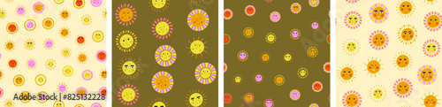 Four repeating patterns, joyous suns. Diverse endless backdrops, cute sun, surface design with simple shapes.
