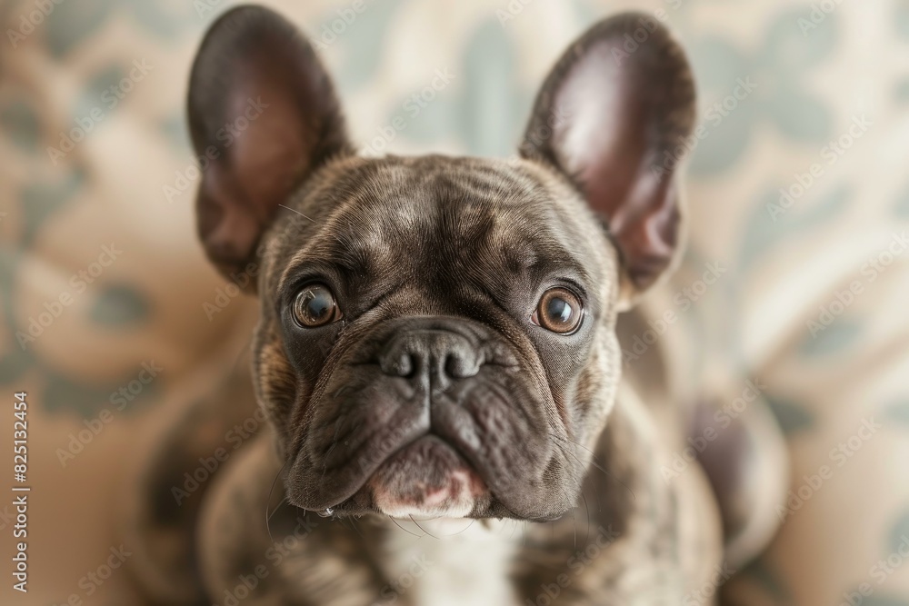 Charming and adorable brindle french bulldog puppy portrait with expressive eyes and affectionate close-up looking at the camera in an indoor home setting