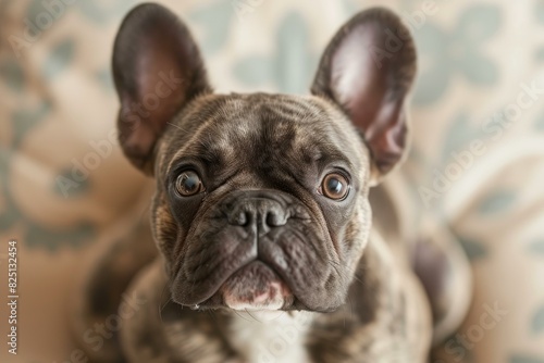 Charming and adorable brindle french bulldog puppy portrait with expressive eyes and affectionate close-up looking at the camera in an indoor home setting