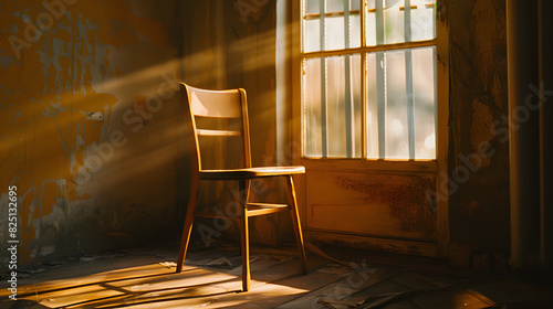 A single wooden chair is placed near a window with sheer curtains, through which the sunlight filters, casting gentle shadows on the polished wooden floor