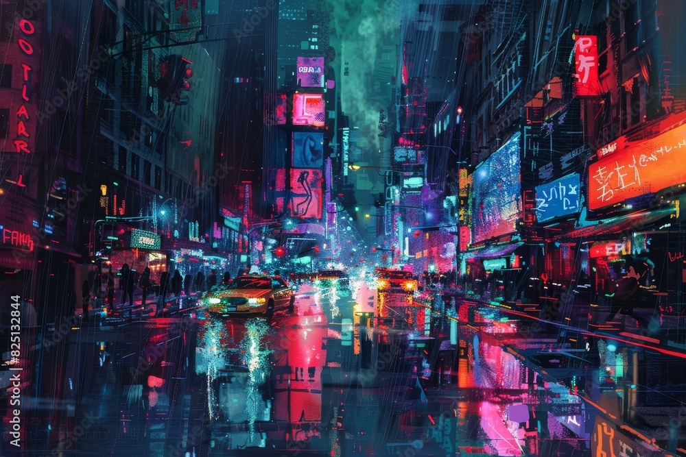 Fototapeta premium A city street with neon lights and cars driving by generated by AI