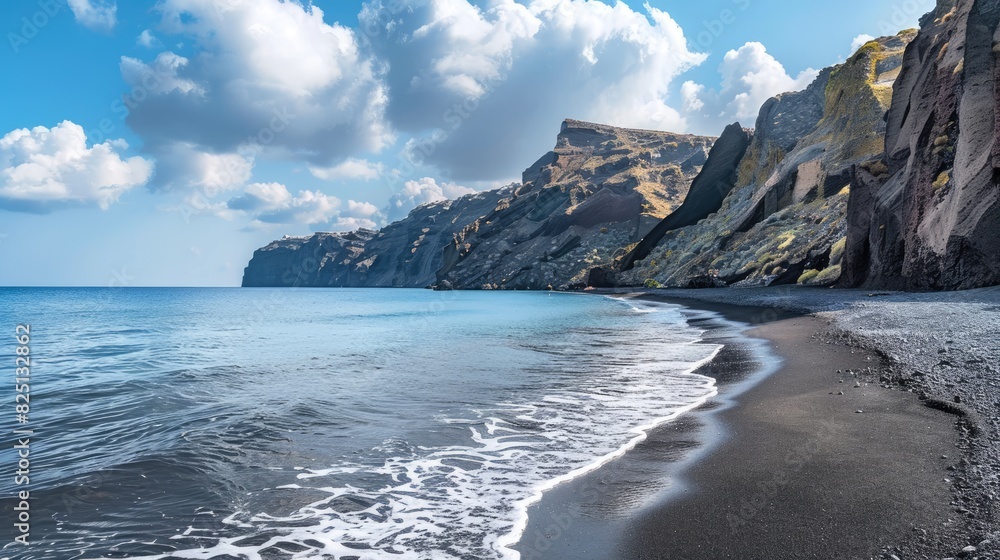 Fototapeta premium Santorini s beach with volcanic black sand