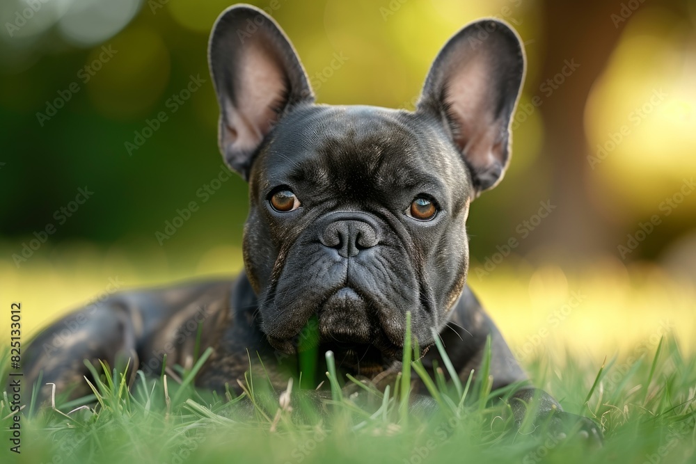 Close-up of a calm french bulldog lying down on a lush green lawn Close-up of a calm french bulldog lying down on a lush green lawn