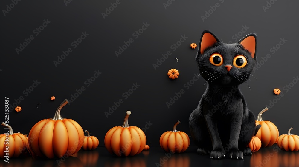A 3D cartoon black cat sitting with a curious expression for Halloween A 3D cartoon black cat sitting with a curious expression for Halloween