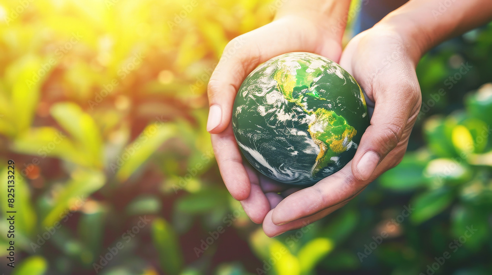 A hand holding a green earth globe, with the planet in hands closeup A hand holding a green earth globe, with the planet in hands closeup