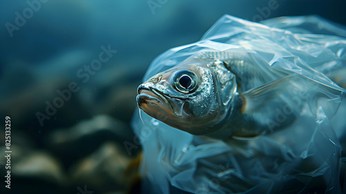 High resolution image: Fish caught in plastic bag symbolizing the impact of carbon emissions and marine pollution on aquatic life