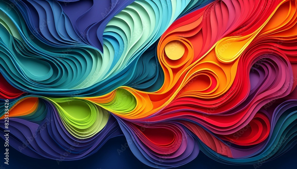 Obraz premium Multicolored abstract red orange green, purple yellow paper cut overlapping layers on dark blue background