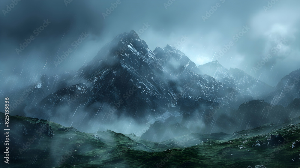 Foggy Mountain in Rain: High Resolution Image with Mystery and Adventure in Rainy Season Photo Realistic Landscape with Glossy Backdrop Foggy Mountain in Rain: High Resolution Image with Mystery and Adventure in Rainy Season Photo Realistic Landscape with Glossy Backdrop