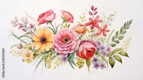 handdrawn painting of cute and beautiful flowers on white background © sirisak