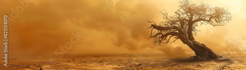 A dead tree in a sandstorm with old banknotes scattered around, representing economic ruin, sharp and vivid, highquality, clear and somber image.