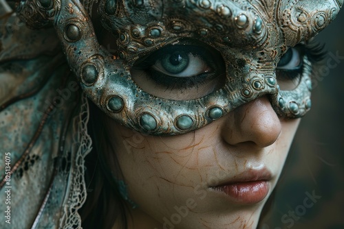 Fashion Model Wearing Cthulhu-Inspired Mask in Stark Contrast Lighting, Conveying Horror and Beauty.