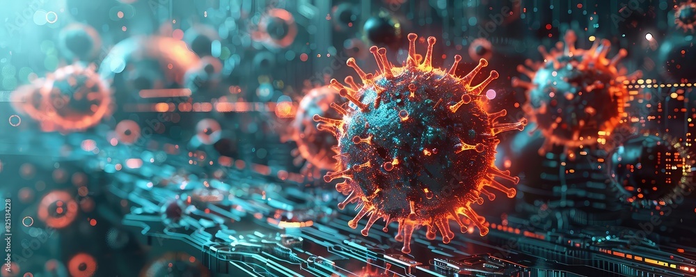 Obraz premium Virus invading a digital landscape, Cyberpunk, High Contrast, Dark Background, Digital Art, Representing digital threats