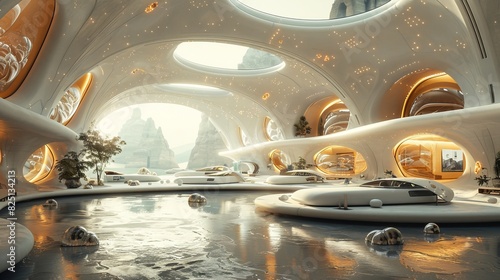 A futuristic sci-fi setting with sleek architecture and advanced technology. AI generate illustration © PandaStockArt
