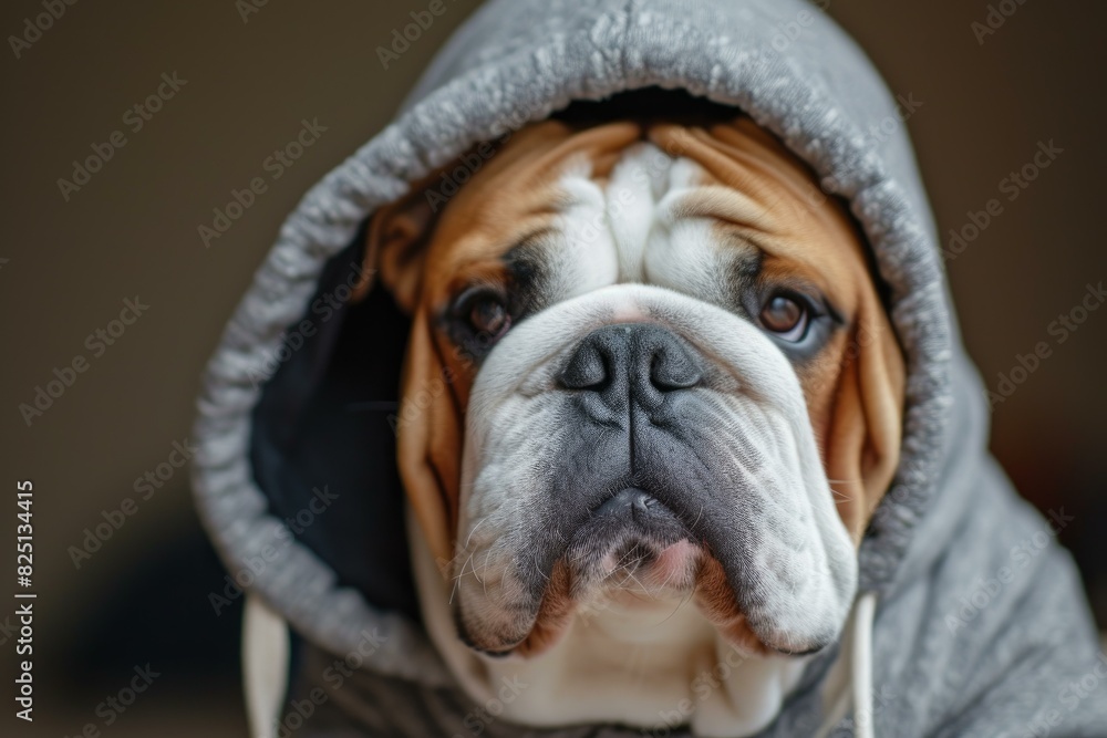 Adorable english bulldog wearing stylish grey hoodie, looking cozy and relaxed, indoor close-up portrait with expressive eyes