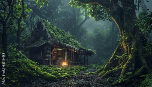 An old wooden hut in the middle of a dense rainforest,  photo