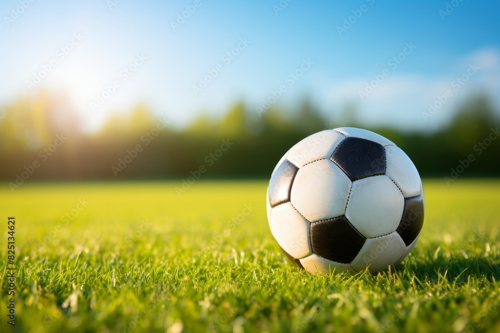 Fototapeta premium Soccer ball on lush green field in a vibrant stadium setting with a bustling crowd