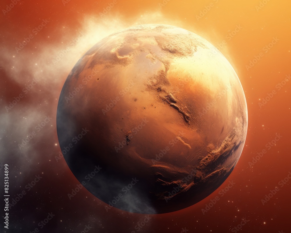 Fototapeta premium A stunning digital illustration of a Mars-like planet with vivid orange-red hues, floating in the vast cosmos, accentuated by surrounding fog.